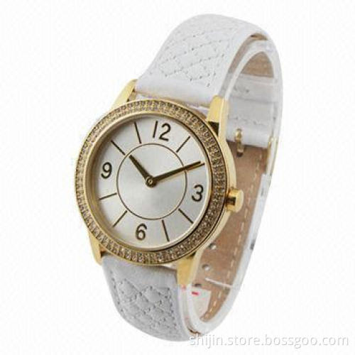 Alloy case with white genuine leather band Japan movt quartz wrist watch